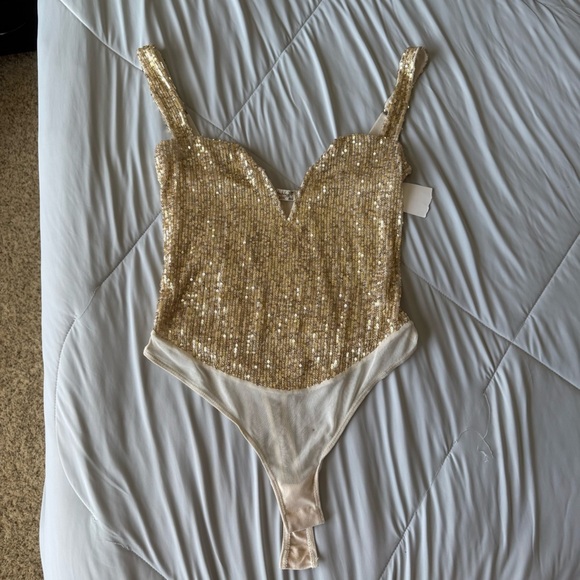 Free People Tops - Free People Gold Sequin Bodysuit Tank V Neckline